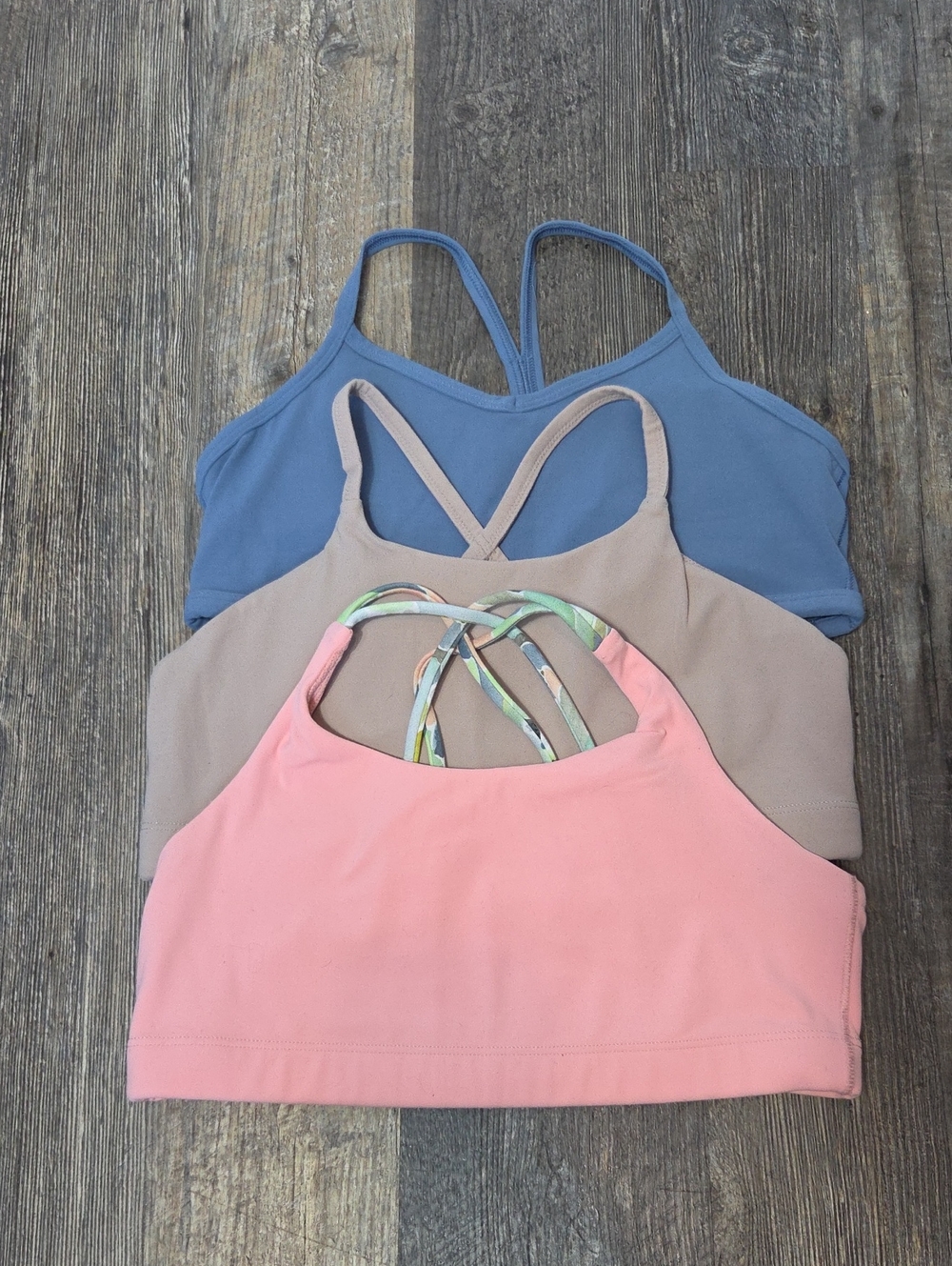 Athleta Girl Trio Strappy Crop Sports Bras - Blue, Taupe, Coral Pink